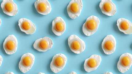 Fresh fried eggs pattern on blue background