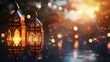 Elegant ornate lanterns glowing warmly against a bokeh of lights and dark backdrop.