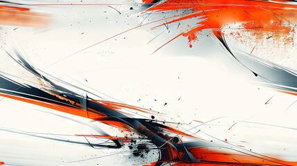 Wall Mural -   An abstract white and orange painting with black-and-white lines and a dark black and orange design in the lower half of the image
