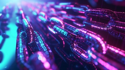 Vividly illuminated digital chains adorned with binary code in a cyberspace environment.