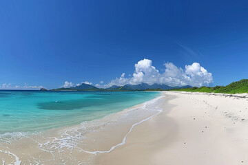 Wall Mural - A panoramic view of a tropical beach with turquoise waters and powdery white sand, under a cloudless blue sky.