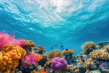 Wall Mural - An underwater coral reef scene, diverse marine life, vivid colors, showcasing the beauty and diversity of ocean life. Underwater photography, coral reef ecosystem, diverse marine life,. Resplendent.