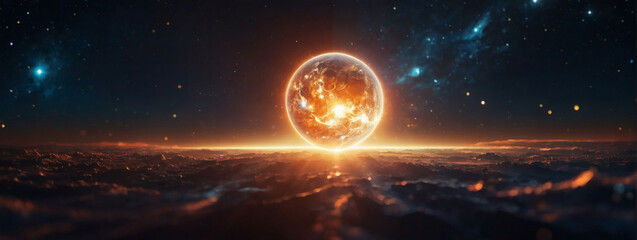 Eternal radiance amidst the cosmic abyss, the sun, a luminous orb casting its glow across the infinite expanse of space.