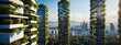 Futuristic city skyline with vertical forests, illustrating a harmonious blend of urban living and environmental preservation, promoting awareness of sustainable living.