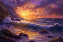 A Picturesque Coastal Scene With Rocky Cliffs And Crashing Waves, As The Sun Sets And Paints The Sky In Shades Of Orange And Purple.