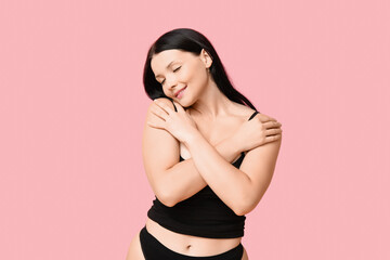 Sticker - Body positive young woman in underwear on pink background