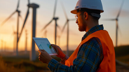 Poster - Close-up: Analyst checks energy metrics on tablet in wind farm.