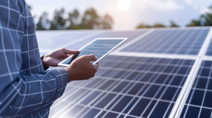 Poster - Close-up: Analyst with tablet, solar panels in background, analyzing data.