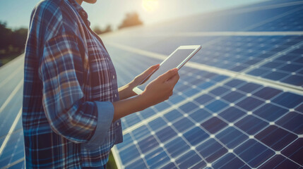 Poster - Close-up: Analyst with tablet amidst solar panels, analyzing data.