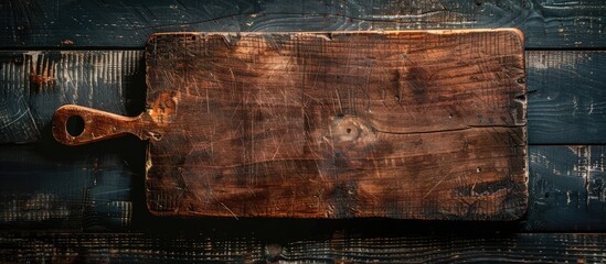 Wall Mural - Vintage empty cutting board on dark wooden planks for food background idea.