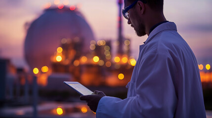 Poster - Close-up: Energy analyst reviewing nuclear plant data on tablet.