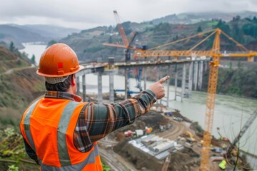 Focused construction supervisor in safety gear points ahead while monitoring progress at a bridge construction site with cranes and infrastructure against a scenic river backdrop