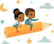 African American Funny Kids Flying On Colorful Yellow Pencil. Imagination And Cognition Concept. Isolated