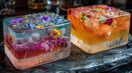   A close-up of two ice cubes holding liquid and surrounded by flowers on a table with glasses visible