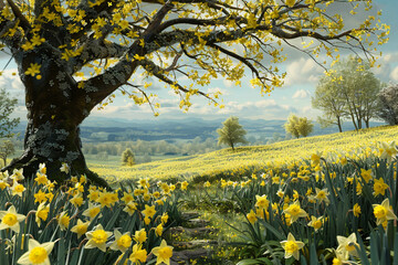 A field of blooming daffodils, their cheerful yellow blooms announcing the arrival of spring.