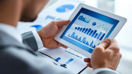 Poster - A businessman analyzing a business graph on a digital tablet, depicting growth trends and financial performance.