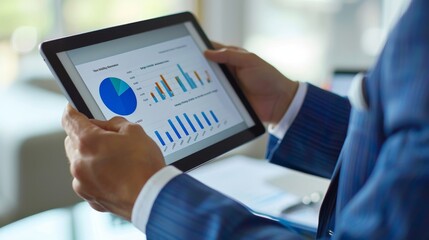 Poster - A businessman analyzing a business graph on a digital tablet, depicting growth trends and financial performance.