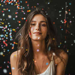 Portrait of a young happy woman under confetti rain