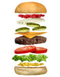 Assembling A Burger as individual toppings ingredients assembled for a perfect classic hamburger with a meat patty lettuce onions ketchup sauce pickles tomato and cheese slice as a culinary symbol of 