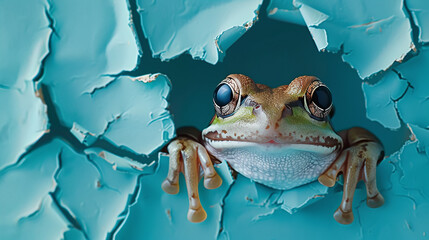 portrait frog looking throuhg a hole in a blue wallpaper