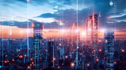 Fototapete - A futuristic city skyline with holographic communication displays, representing advanced technology erasing physical borders.