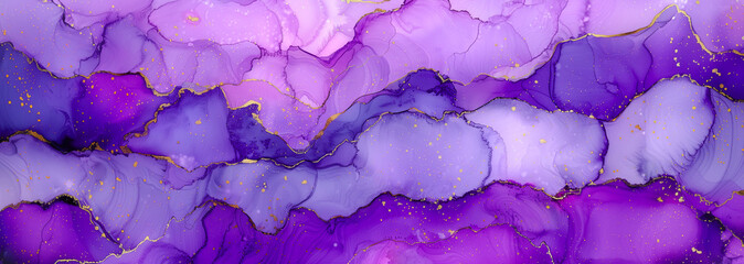 Wall Mural - Purple, pink clouds sky background panorama with blue and gold waves of smoke. Close up of alcohol ink painting texture for copy space 