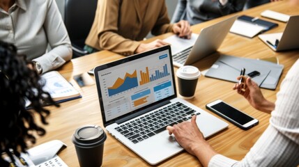 Poster - A group of business professionals discussing strategies while pointing to a graph displayed on a laptop screen during a conference call.