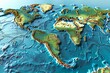 © Lucija - 3d world map earth exaggerated topographic relief countries names boundaries high detailed global physical map planet continents borders water objects geographic illustration