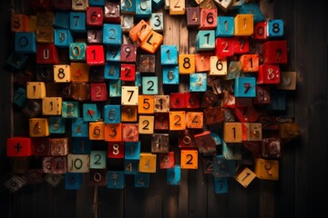 Colorful vintage numbers on rustic wooden background