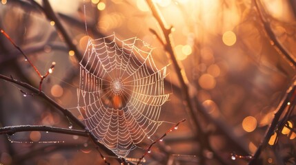 A spider weaving its intricate web between wooden branches, glistening with dewdrops in the soft light of dawn.