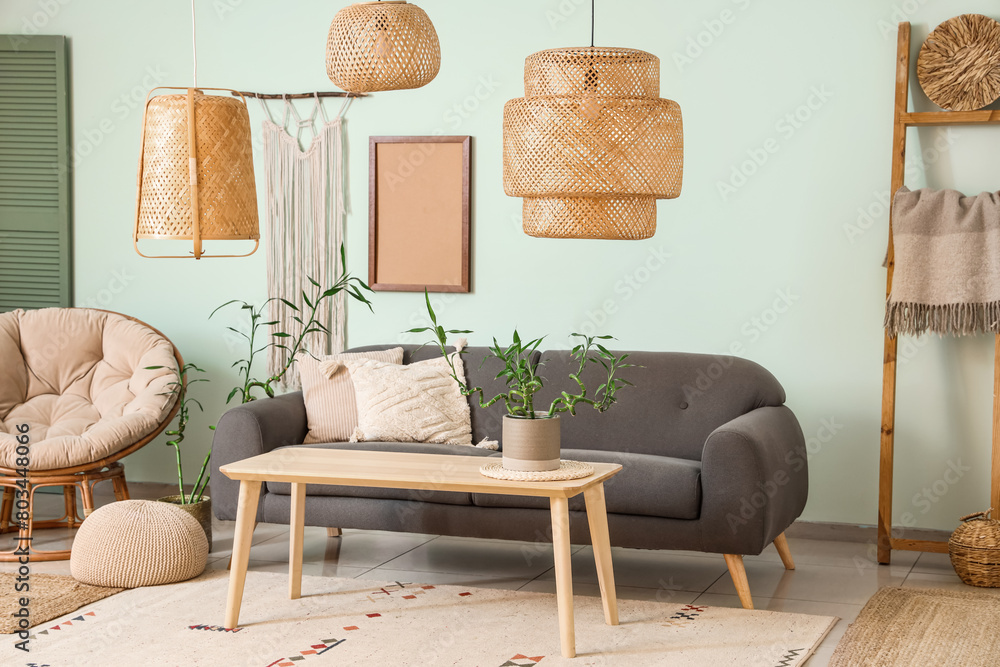 Modern living room with cosy black sofa and bamboo plant