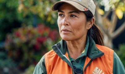 Small business owner, landscape arborist woman female garden worker on a job site talking to crew customers, small business owner,  wearing a hat and  safety vest