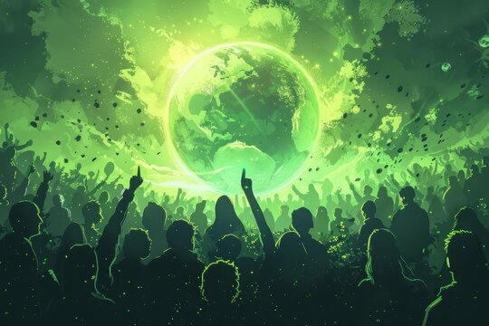 environmentalists diverse crowd pointing glowing green planet earth climate change pollution call to action digital illustration 