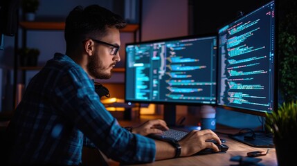 Side view of professional software developer coding program or engineering prompt. Skilled programmer typing computer and laptop while developing system with blurring background. Technology. AIG42.