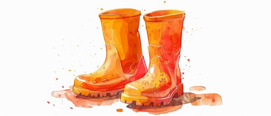 Create a watercolor painting of a pair of orange rubber boots. The boots should be sitting in a puddle of water. Make the background white.