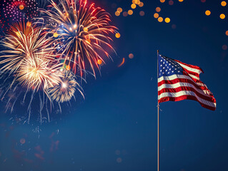 Wall Mural - A red, white, and blue American flag is lit up with fireworks in the background