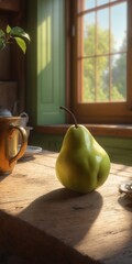 Wall Mural - Cozy rustic kitchen interior with pear fruit on old wooden table.