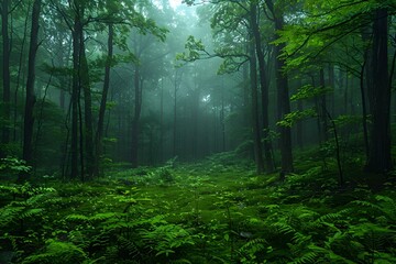 Poster - AI generated illustration of Lush, verdant jungle teeming with tall trees and delicate ferns