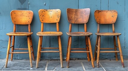 Sticker - A row of wooden chairs against a blue wall with one missing, AI