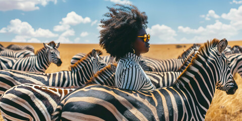 Black woman with afro hair standing behind a heard of zebra Africa. Safari travel, summer