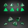 Demonstration of an emerald in the trillion-cut from different angles. Scheme of cutting. Scattering of gemstones. Black background. 3d rendering.