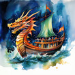 Dragon boat racing festival. Dragon-shaped boats on water surface.