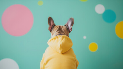 Wall Mural - A cute French dog in a yellow and white sweatshirt sits on the floor with his back turned to the camera with a green background and colorful circles around it