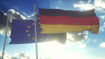 Wall Mural - Germany and European Union flags waving on the wind. The European Union and Germany