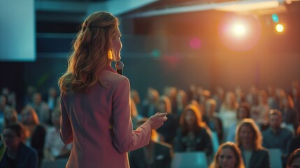 Wall Mural - A businesswoman making a presentation at a conference with a large audience.