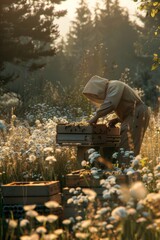 A person is picking up a beehive in a field filled with colorful flowers. The individual seems to be tending to the hive in the midst of the blooming meadow