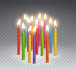 Candles with burning fire flame for birthday cake, cupcake isolated on transparent background. Vector 3d realistic color candlelight elements