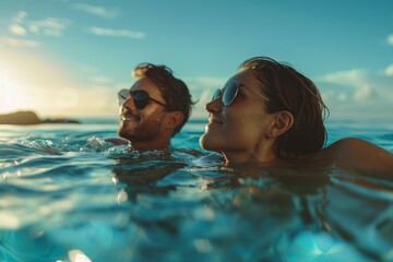 Sticker - A man and woman are swimming in the ocean, both wearing sunglasses