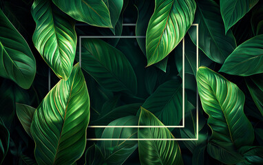 Wall Mural - A green leafy background with a white frame. dark green leaves on a neon frame background, positioned under the photo in the center