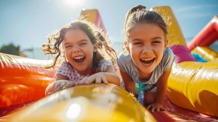 Canvas Print - Two young girls are playing on a bouncy castle